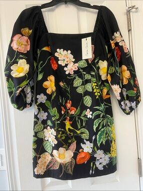 Cara Cara Black Floral Square-Neck Puff-Sleeve Mini Dress